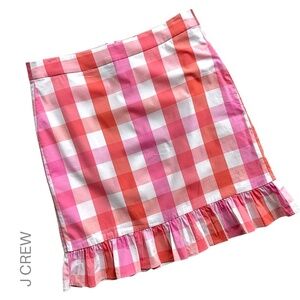 J CREW | RUFFLE HEM PENCIL SKIRT PINK & ORANGE CHECKED COTTON LINED | SIZE: 2